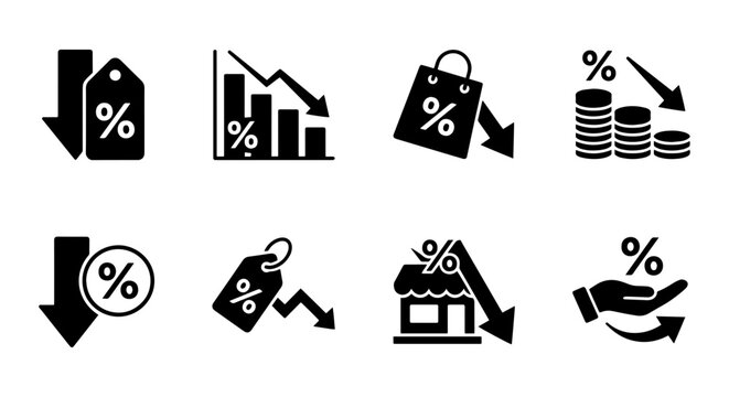 Discount Icons Set, Percentage Sale Symbols, Retail Price Reduction Graphics, Business Loss Vector Icons