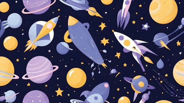 Playful seamless space pattern with cartoon rockets, planets, stars, and celestial bodies. Universe exploration design.