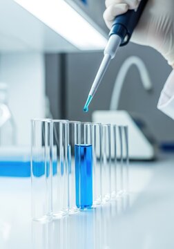 Professional laboratory setting showing a precision pipette transferring blue fluid into glass test tubes for advanced clinical analysis, genetics, chemical, medical