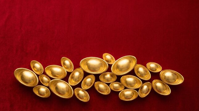 Chinese Traditional Gold Sycee Ingots Arranged on Red Velvet Fabric for Spring Festival Fortune Promotion