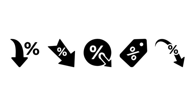 Percentage Discount Icons, Sale Price Symbols, Black Vector Graphics for Retail and Commerce