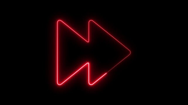 Neon red fast forward symbol glowing on black background, digital media playback animation