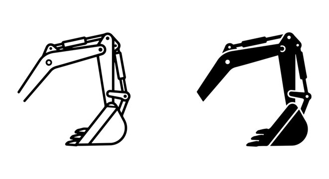 Excavator Arm Icons, Construction Machine Digging Bucket Vector Set, Heavy Equipment Machinery Symbols