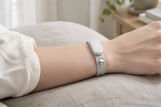 Adult forearm with fabric wristband and silver skin sensor on linen cushion, wearable biofeedback device, health monitoring concept