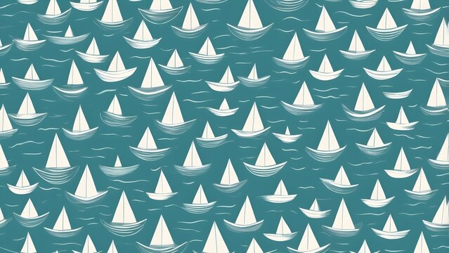 Seamless pattern of hand-drawn white sailboats on a blue-green wavy sea. Nautical ocean background illustration for design.