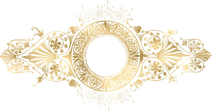 Gold circular frame with ornate floral filigree and sunburst rays on white background with filigree patterns delicate rays extending center vector illustration symmetrical pattern classic ornament