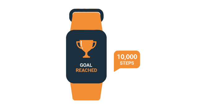Fitness Smartwatch Illustration Showing 10,000 Steps Goal Reached Achievement with Trophy Icon