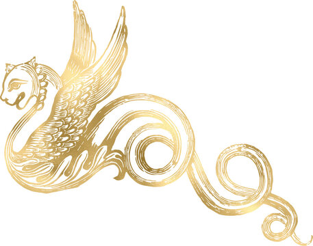 Gold mythical creature illustration with wings and long coiled tail on white background with illustration winged serpentine feline head elongated fantasy illustration golden illustration