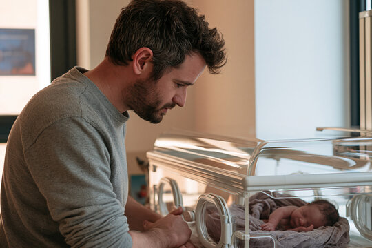New father gently watching his premature newborn baby. Neonatal care and a strong family connection