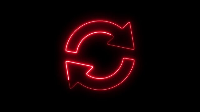 Red neon glowing refresh animation, circular arrow loop symbol for ui and digital interfaces reload