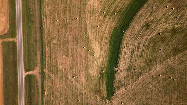 Top down aerial of a track and terrace through a mown field