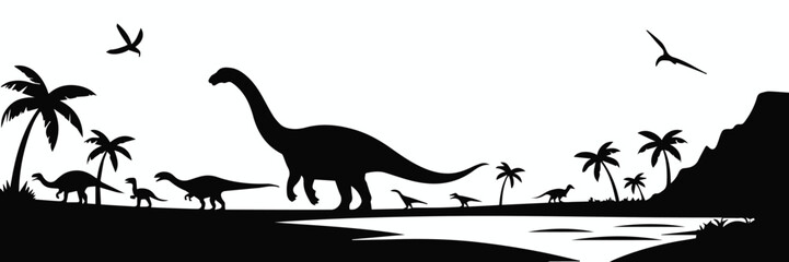 Sauropod herd by lagoon with pterosaurs in sky © Icon Stock