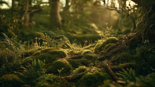 苔むした森の地面が柔らかな光に包まれている。自然や環境保護のテーマで使える風景素材