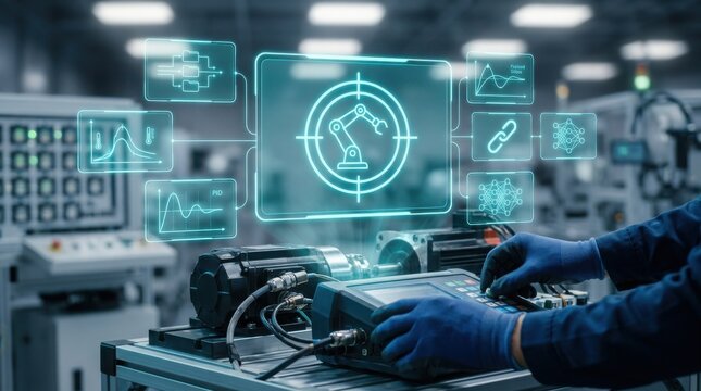 Technician in blue gloves using a handheld diagnostic device to test an industrial servomotor with futuristic holographic data overlays in a smart factory setting