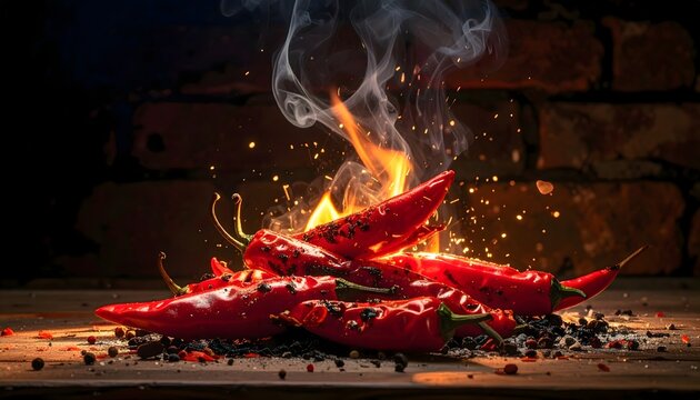 Smoky Grilled Red Chili Peppers on Embers | Red chili peppers roast over open flames with glowing embers, drifting smoke, and scattered spices on a rustic wooden surface in dramatic food still life.