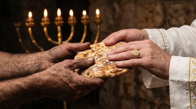 Ahimelech the priest handing the sacred Bread of the Presence to an exhausted, fleeing David at the sanctuary of Nob