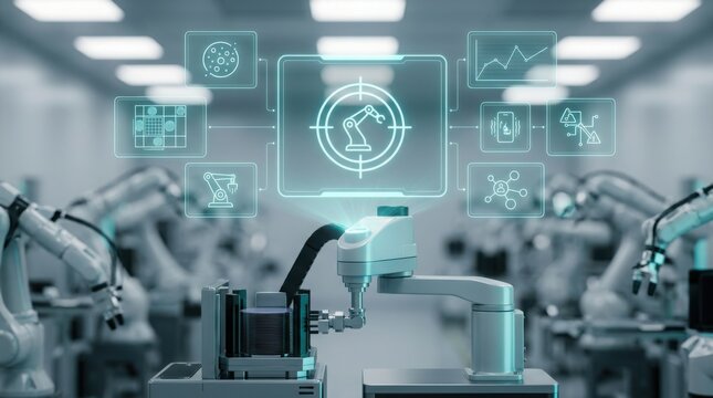 A high-tech SCARA robot arm handling silicon wafers in a clean room facility with a futuristic holographic digital interface overlay showing data and system controls