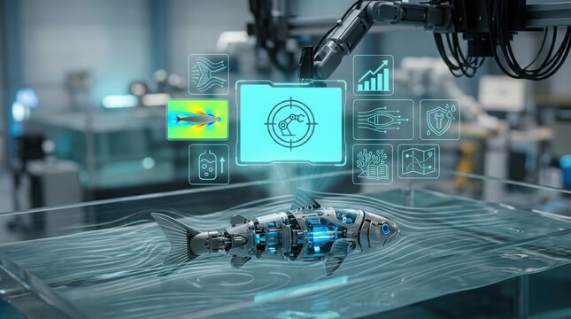 Close-up of an advanced biomimetic robot fish in a water tank undergoing hydrodynamic flow testing with a futuristic holographic digital interface and robotic arm