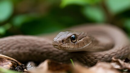 Obraz premium A close up of a brown snake coiled among fallen leaves with a blurred green background in a natural habitat