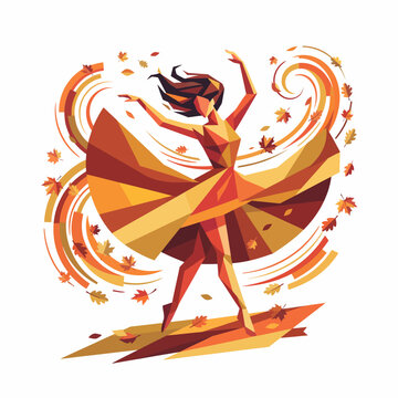Geometric Illustration of a Woman Dancing in a Flowing Autumn Dress Surrounded by Swirling Fall Leaves