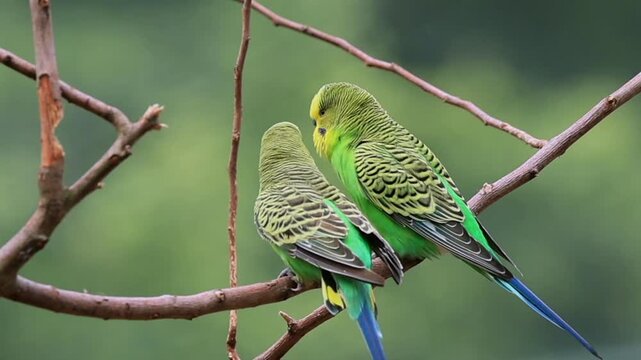 Budgerigar (Melopsittacus undulatus), adult, two, pair, male, female, social behaviour, waiting, Australia
