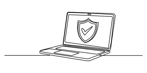 Laptop computer with security shield icon on screen line art drawing © GOBINDO