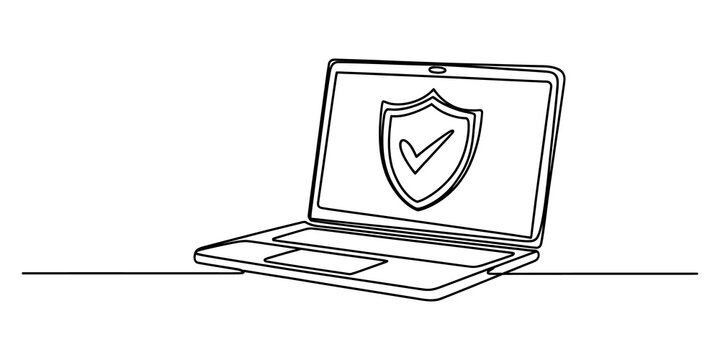 Laptop computer with security shield icon on screen line art drawing