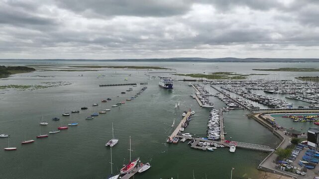 Lymington River and marina from drone, Lymington, New Forest, Hampshire, England, United Kingdom