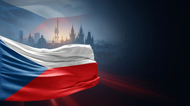 Czech Flag Draped in Front of Prague Gothic Skyline with Twilight Atmosphere