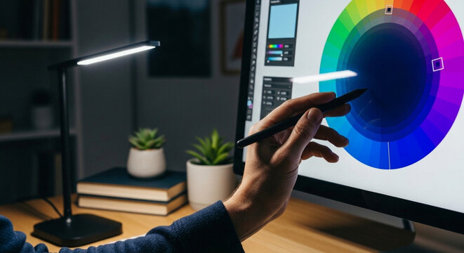 Designer Working On Color Wheel Software Using Stylus And Digital Tablet
