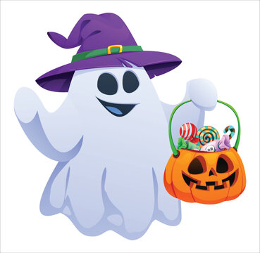 Cute witch ghost character holding a pumpkin candy bucket for trick or treating. Vector cartoon illustration