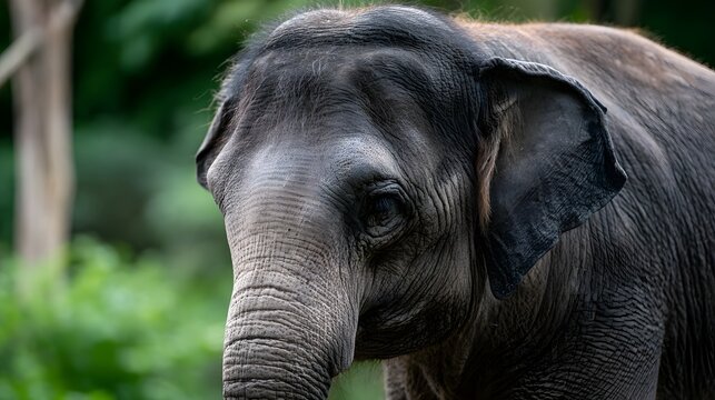Close up portrait of an elephant with wrinkled skin and large ears  set against a soft focus green background