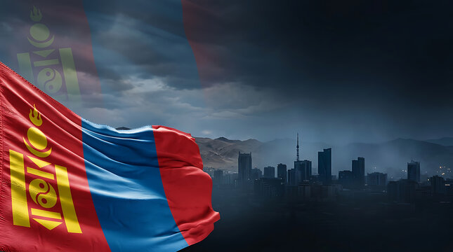 Mongolian flag billowing against a dramatic urban and mountain skyline under stormy skies