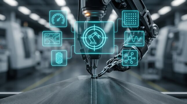 Advanced robotic arm using a holographic digital interface to precisely stitch carbon fiber textile in a futuristic industrial factory setting