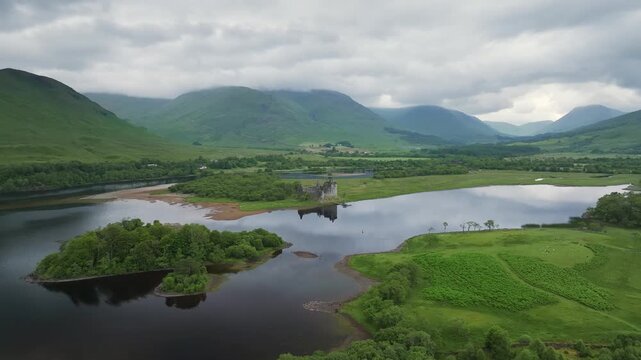 Kilchurn Castle from a drone, Loch Awe, Argyll and Bute, Scotland, UK