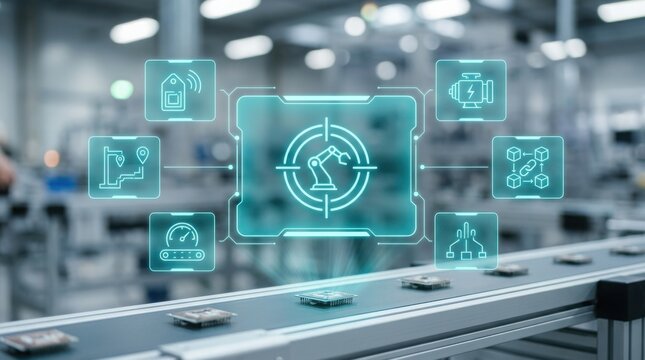 High angle shot of a smart factory conveyor belt with components and a futuristic holographic HUD displaying industrial automation, RFID tracking, and robotic arm icons