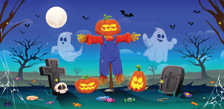 Cute pumpkin scarecrow standing in spooky Halloween graveyard with flying ghosts and moon. Vector cartoon illustration