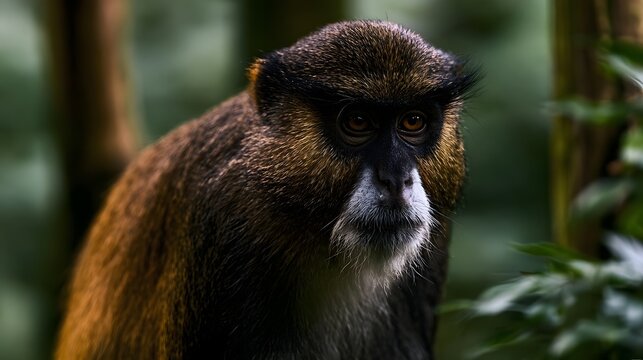 A close up of a monkey with dark fur and expressive eyes  set against a blurred green forest background