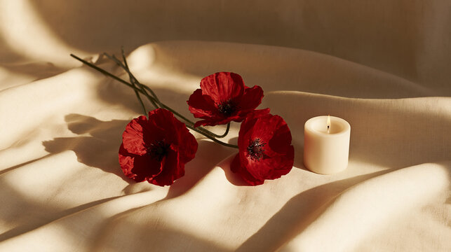 Tender remembrance composition with three red poppies and a white candle. Soft light and a neutral background create an understated memorial atmosphere