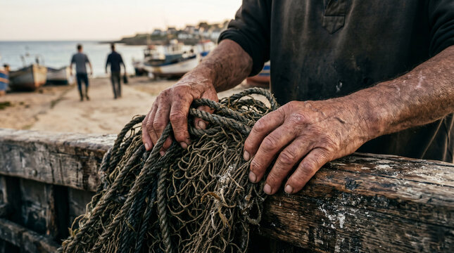 The calling of James and John. The two brothers leaving their father Zebedee in the fishing boat as they mend their nets