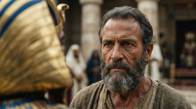 Moses and Aaron standing boldly before a furious Pharaoh, demanding Let my people go in the grand throne room