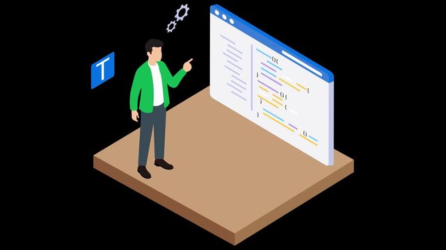 Isometric Software Engineer Programming with TypeScript Code