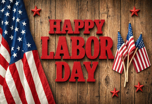 Happy Labor Day celebration with American flags and wooden background