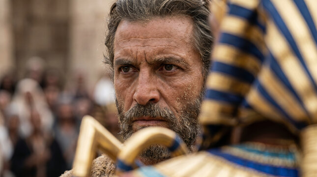 Moses and Aaron standing boldly before a furious Pharaoh, demanding Let my people go in the grand throne room