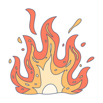Hand drawn retro fire flame burning in 70s groovy style with warm orange and yellow colors