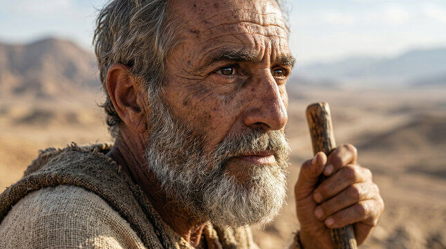 Moses tending Jethro's flock of sheep in the desolate wilderness near Mount Horeb, unaware of the approaching divine encounter