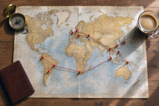 Red pins and string trace routes across an aged world map beside a brass compass, passport holder and coffee. Journey planning concept
