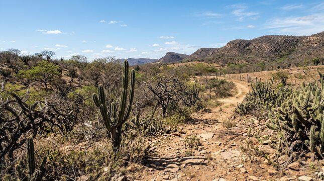 Caatinga or sert&atilde;o,  landscape with xerophytic vegetation, cacti (such as mandacarus or xique-xiques, and a dry dirt trail.