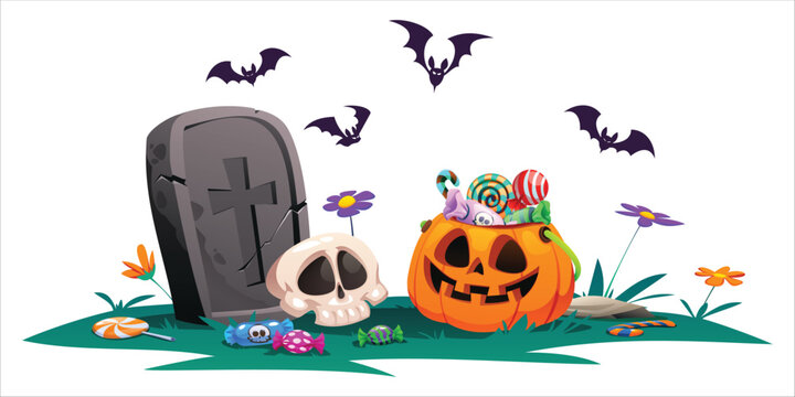 Spooky graveyard scene with skull, pumpkin bucket of candy and bats around. Vector cartoon illustration