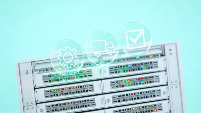 Close Up of Server Rack Front with E-commerce Order Management Holographic UI, Online Retail Customer Data Storage Concept